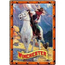 Winchester Rider followed by bear: Antique style metal sign - Click Image to Close