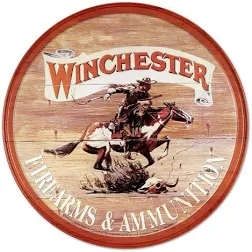 Winchester Firearms and Ammo: Antique style metal sign of Rider on Pinto Pony