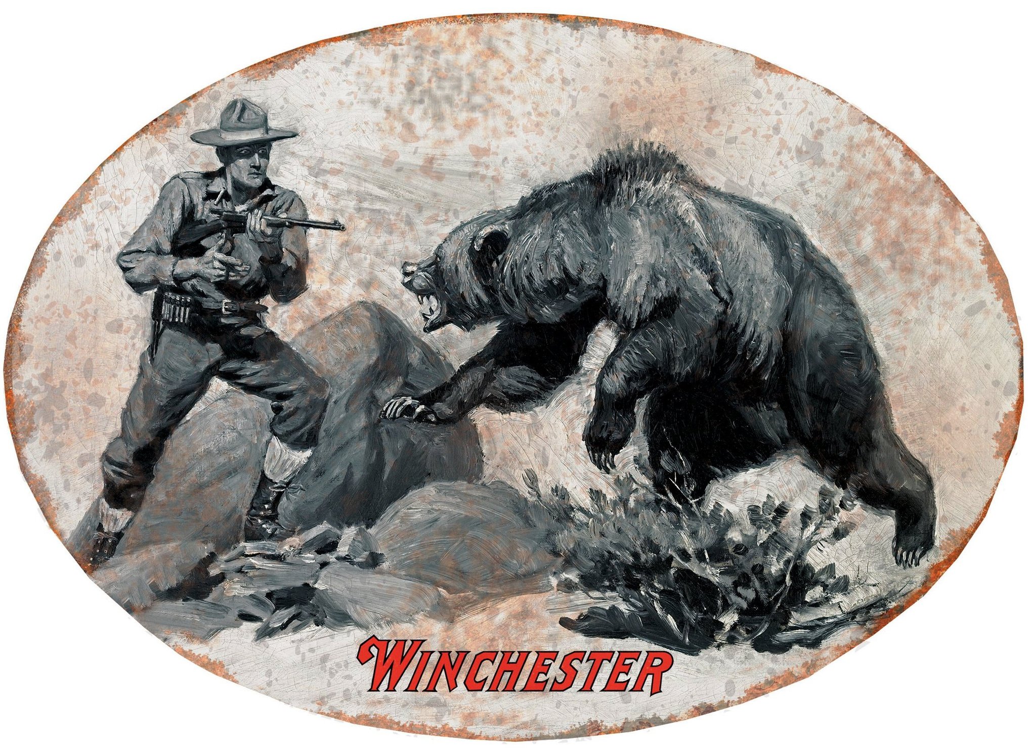 Winchester Man confronts bear: Antique style metal sign